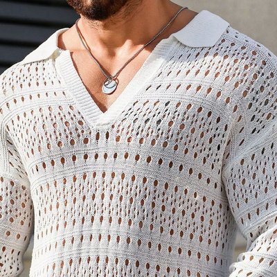 Men's Fashion Knitted Hollow Lapel V-neck Long Sleeve Sweater 51388555Y