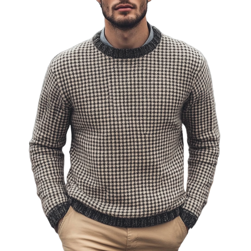 Men's Fashion Checked Round Neck Long Sleeve Knit Sweater 28021067Z