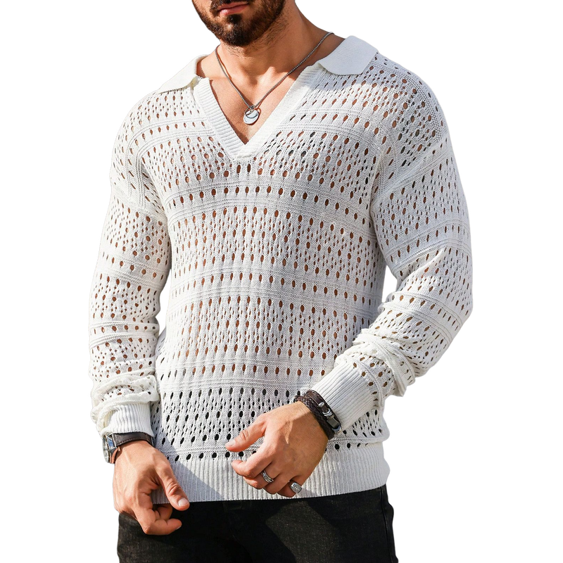 Men's Fashion Knitted Hollow Lapel V-neck Long Sleeve Sweater 51388555Y