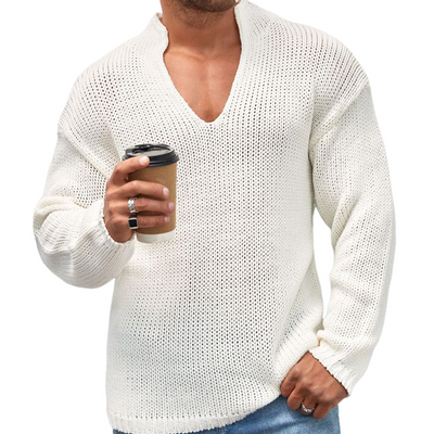 Men's Casual White V-Neck Mesh Knit Sweater 75570478U