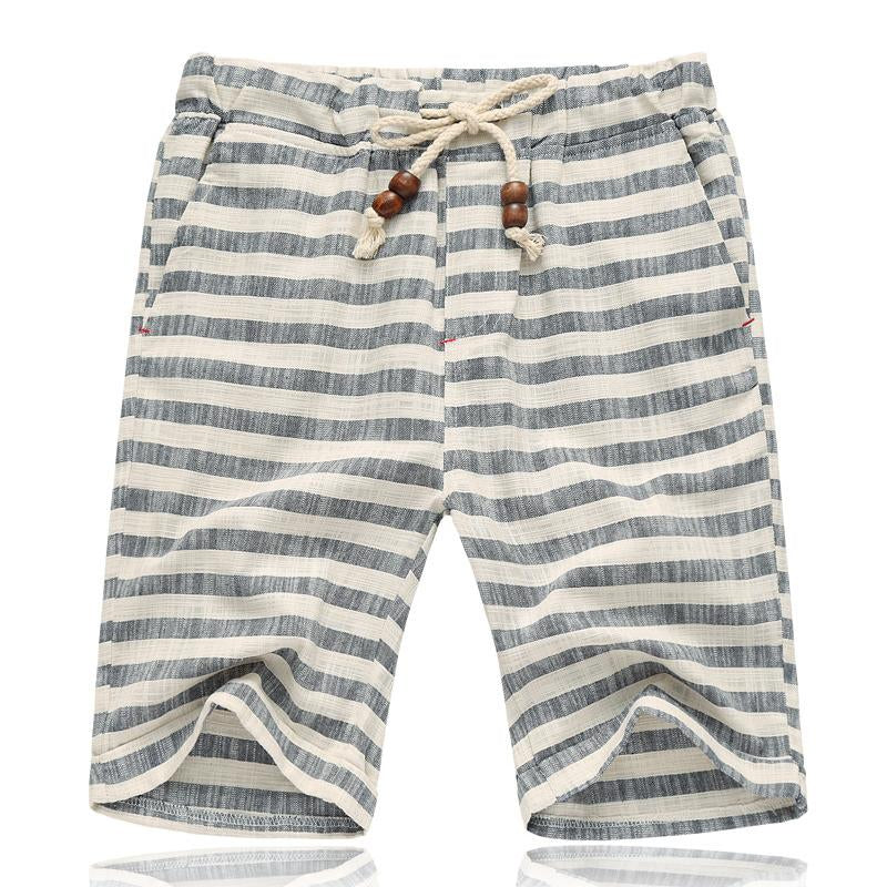 Men's Casual Cotton Linen Stripe Elastic Waist Straight Shorts 54118289M