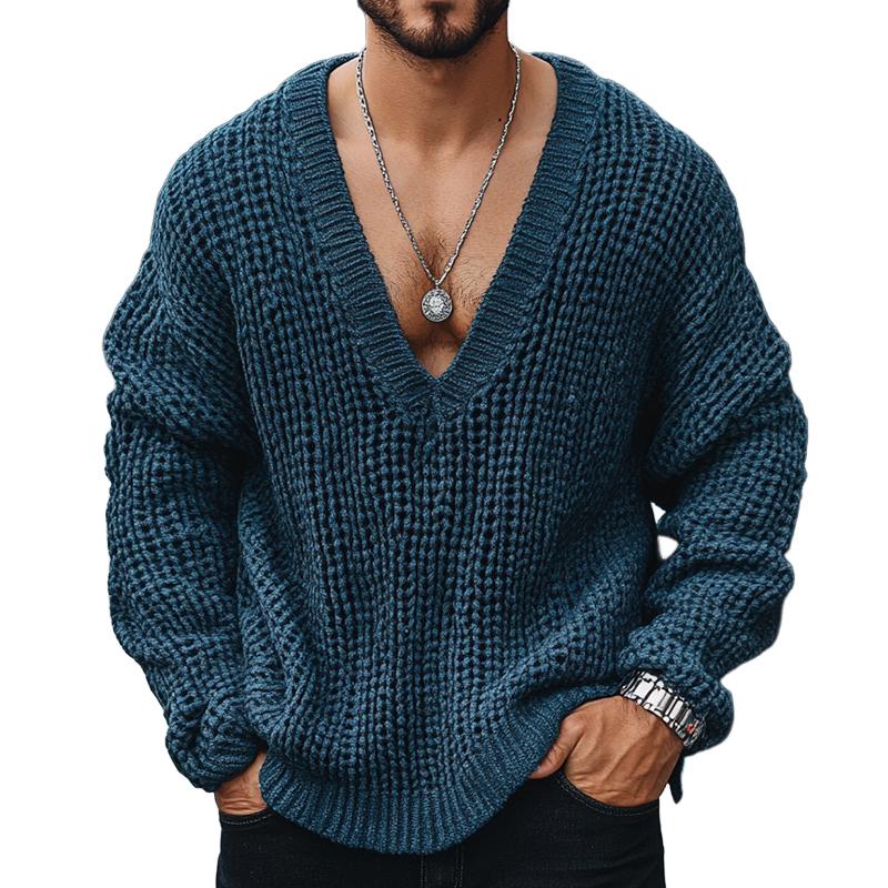 Men's Retro Casual Mixed Color Sexy V-Neck Sweater 84080364TO